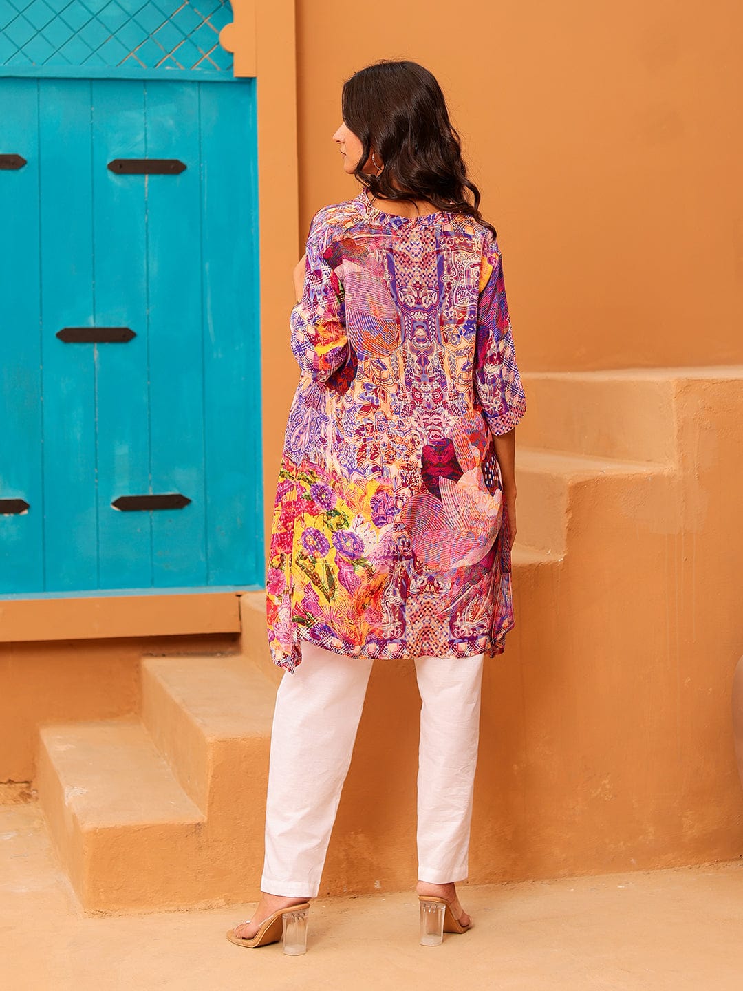 The Kaftan Company Tops Multi-Color Printed Natural Crepe Asymmetric Tunic Top