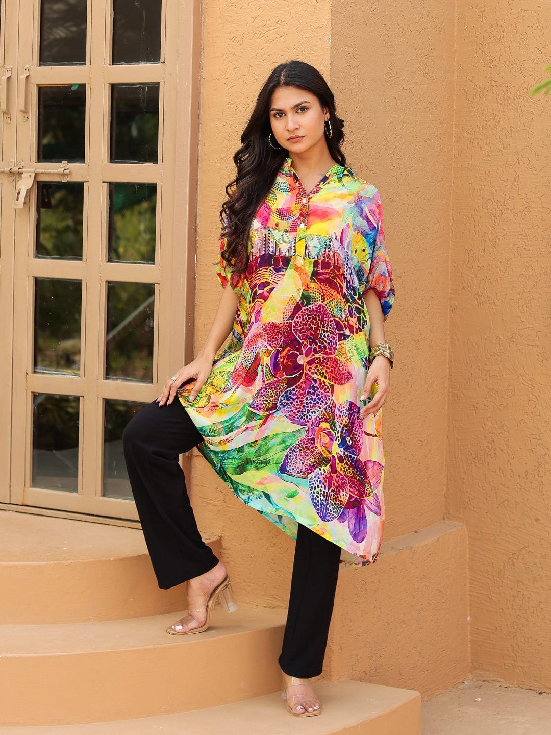 The Kaftan Company Tops Multi-Color Printed Natural Crepe Kaftan Tunic Top