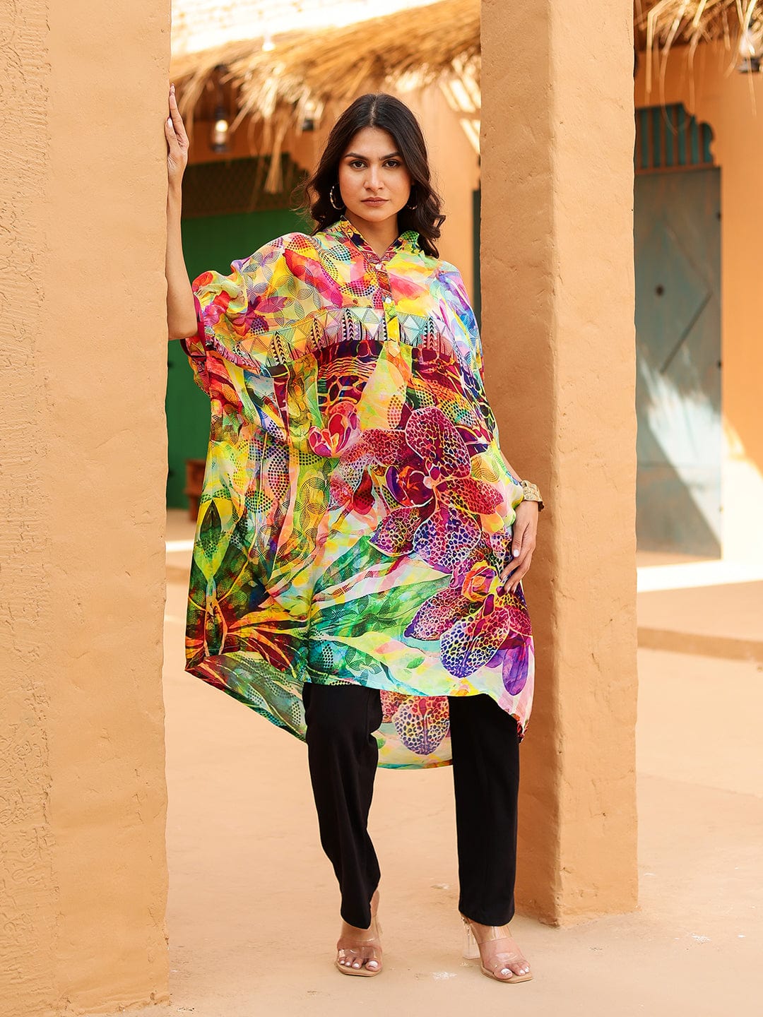 The Kaftan Company Tops Multi-Color Printed Natural Crepe Kaftan Tunic Top