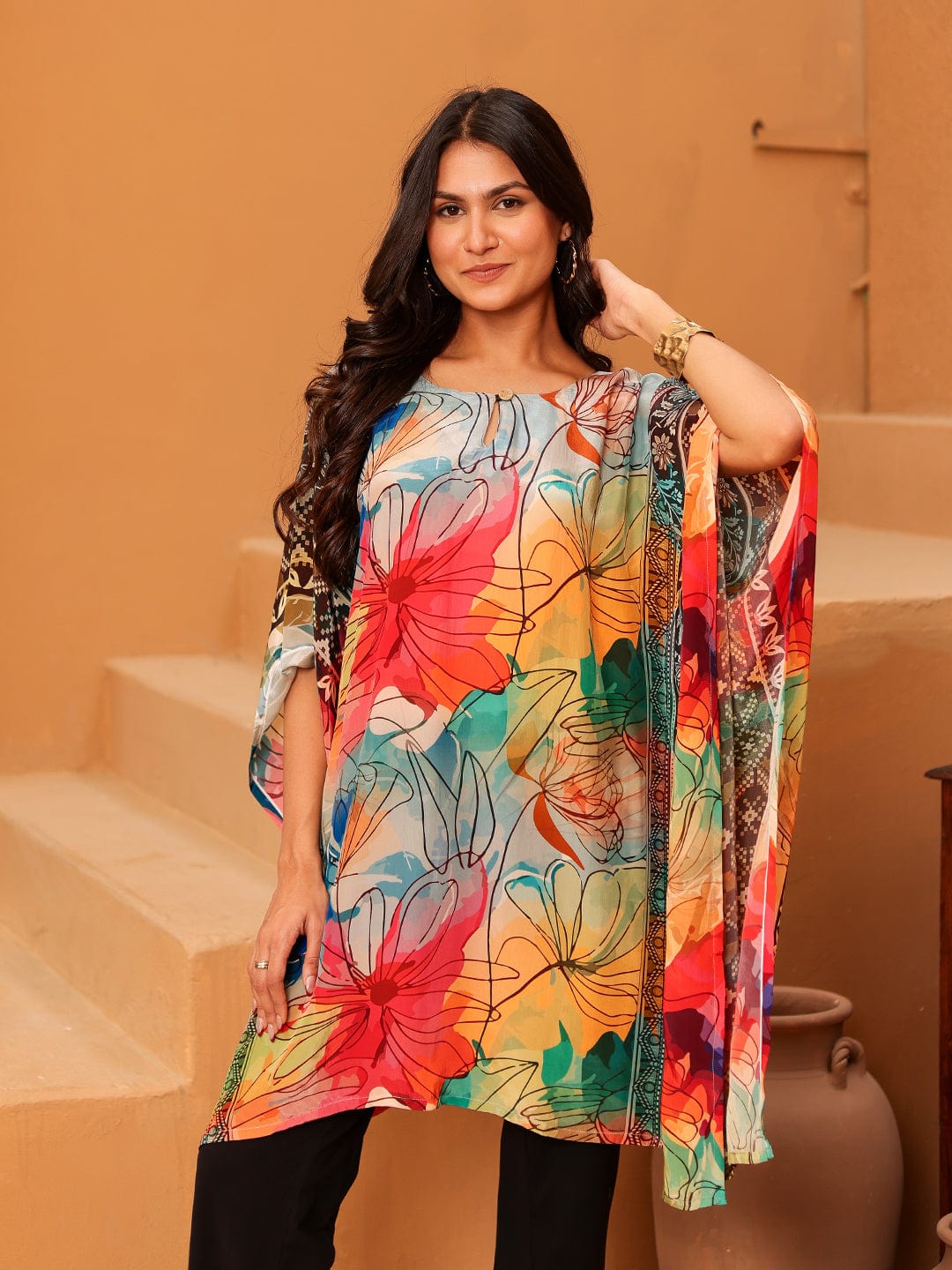 The Kaftan Company Tops Multi-Color Printed Natural Crepe Tunic Top with Keyhole Neck