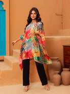 The Kaftan Company Tops Multi-Color Printed Natural Crepe Tunic Top with Keyhole Neck