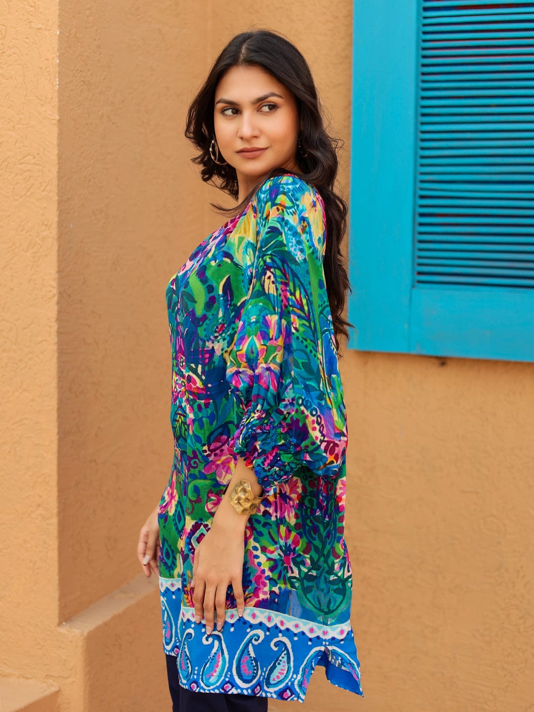 The Kaftan Company Tops Multi-Color Tropical Printed Natural Crepe Tunic Top