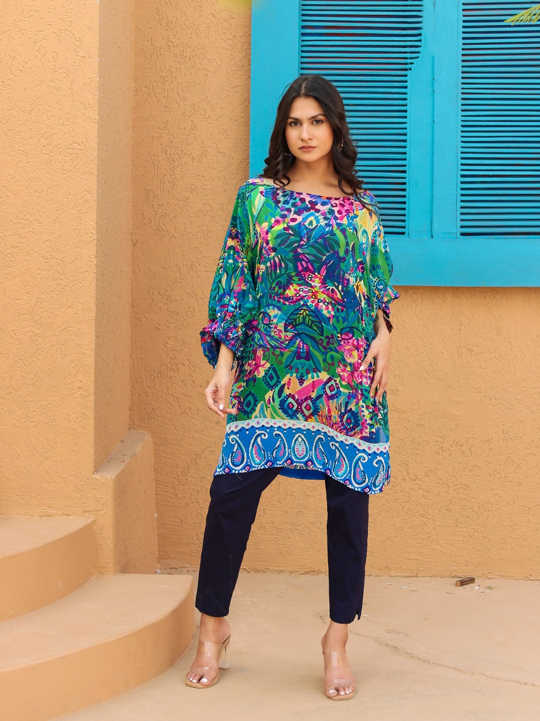 The Kaftan Company Tops Multi-Color Tropical Printed Natural Crepe Tunic Top