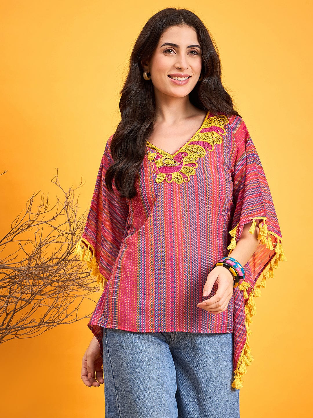 The Kaftan Company Tops Multi Coloured Embroidered Tribal Kaftan Top
