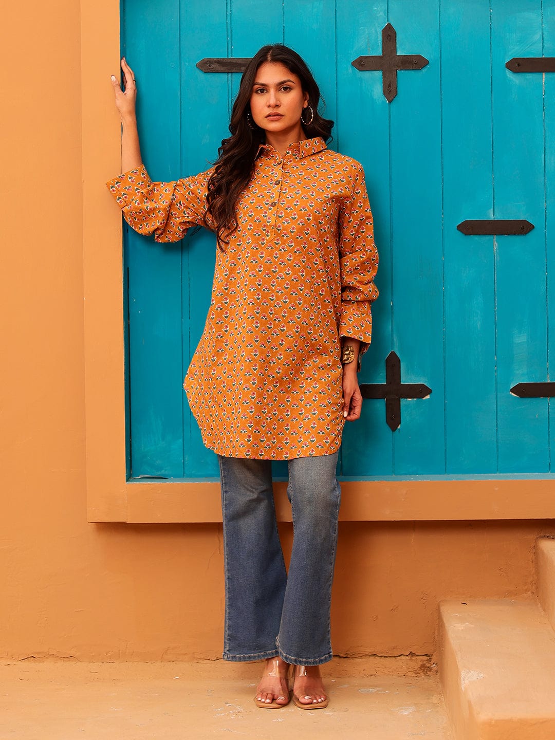 The Kaftan Company Tops Mustard Floral Print Cotton Tunic With Collar