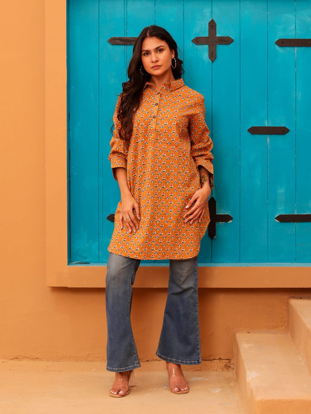 The Kaftan Company Tops Mustard Floral Print Cotton Tunic With Collar