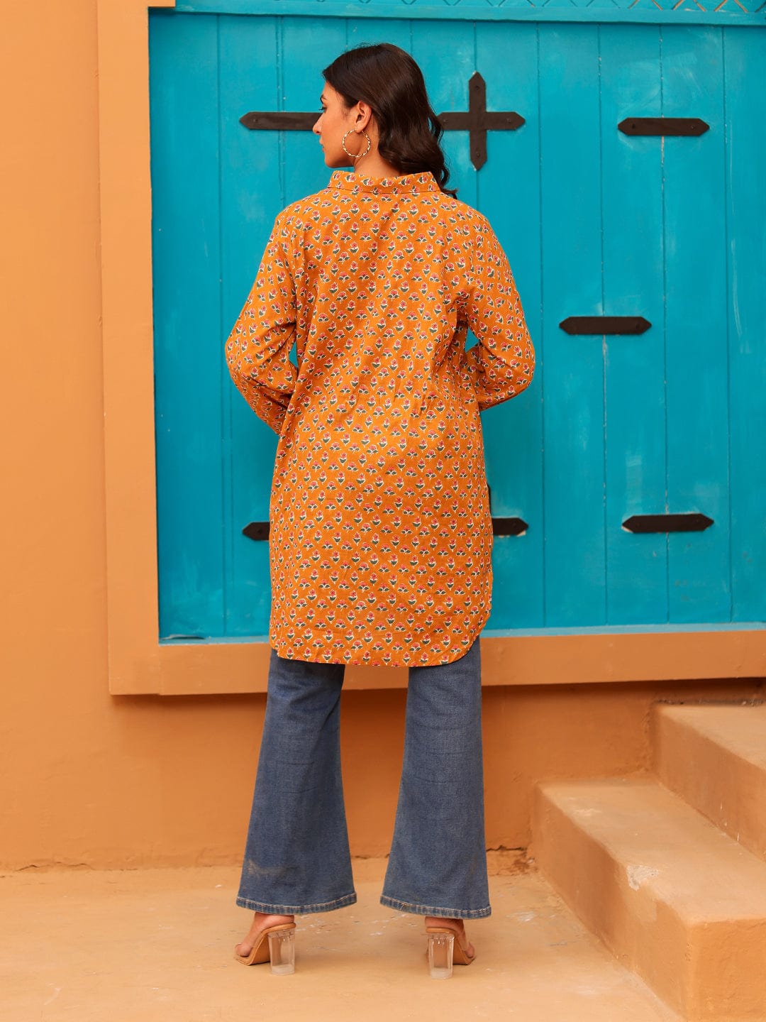 The Kaftan Company Tops Mustard Floral Print Cotton Tunic With Collar