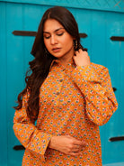 The Kaftan Company Tops Mustard Floral Print Cotton Tunic With Collar