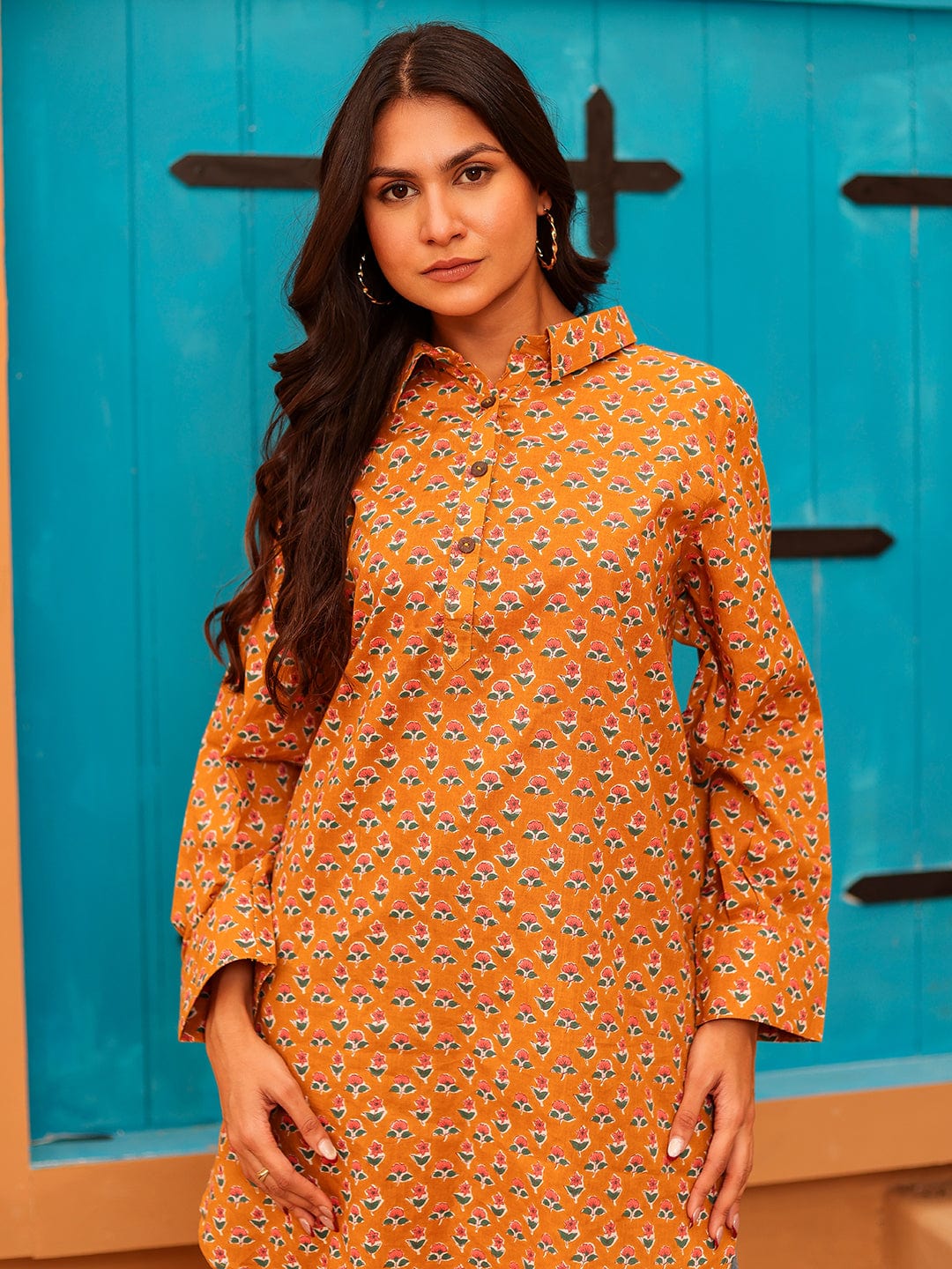 The Kaftan Company Tops Mustard Floral Print Cotton Tunic With Collar