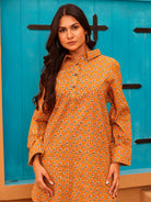 The Kaftan Company Tops Mustard Floral Print Cotton Tunic With Collar