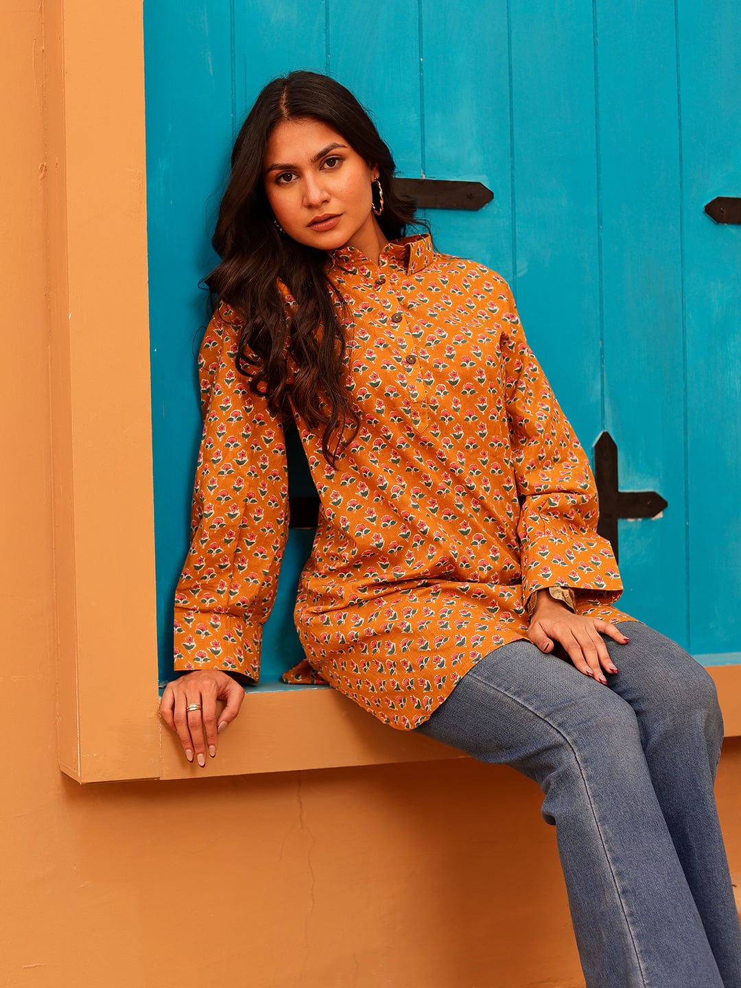 The Kaftan Company Tops Mustard Floral Print Cotton Tunic With Collar