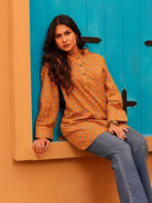 The Kaftan Company Tops Mustard Floral Print Cotton Tunic With Collar