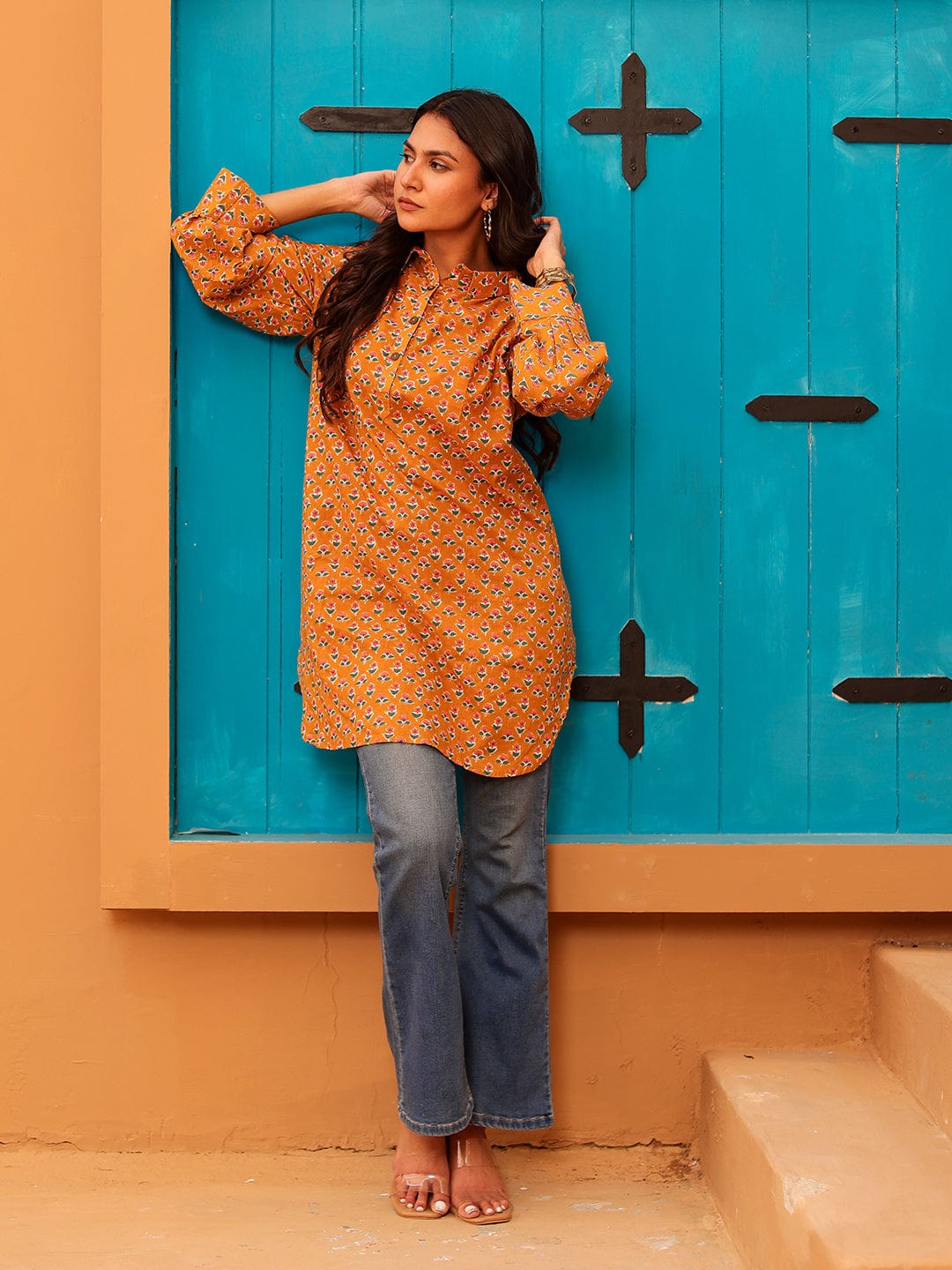 The Kaftan Company Tops Mustard Floral Print Cotton Tunic With Collar