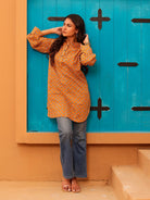 The Kaftan Company Tops Mustard Floral Print Cotton Tunic With Collar