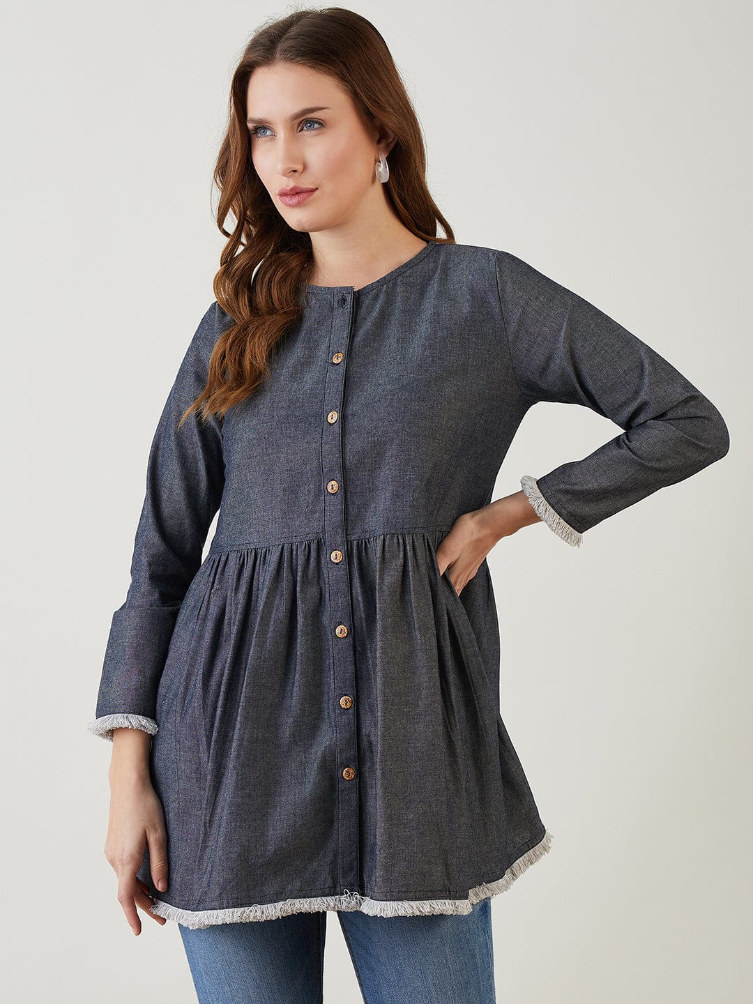 The Kaftan Company Tops Navy Blue Button Down Denim Top