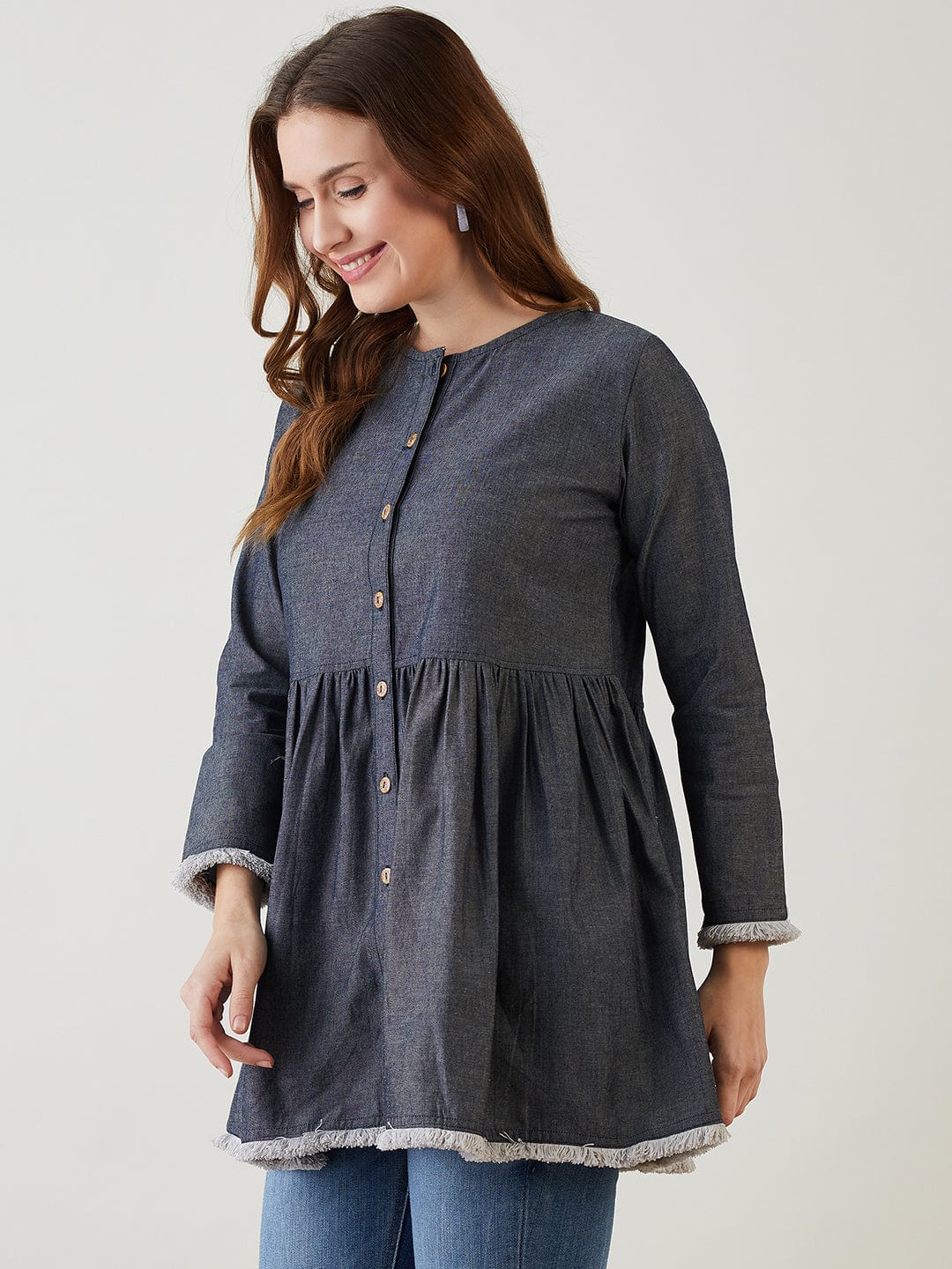 The Kaftan Company Tops Navy Blue Button Down Denim Top