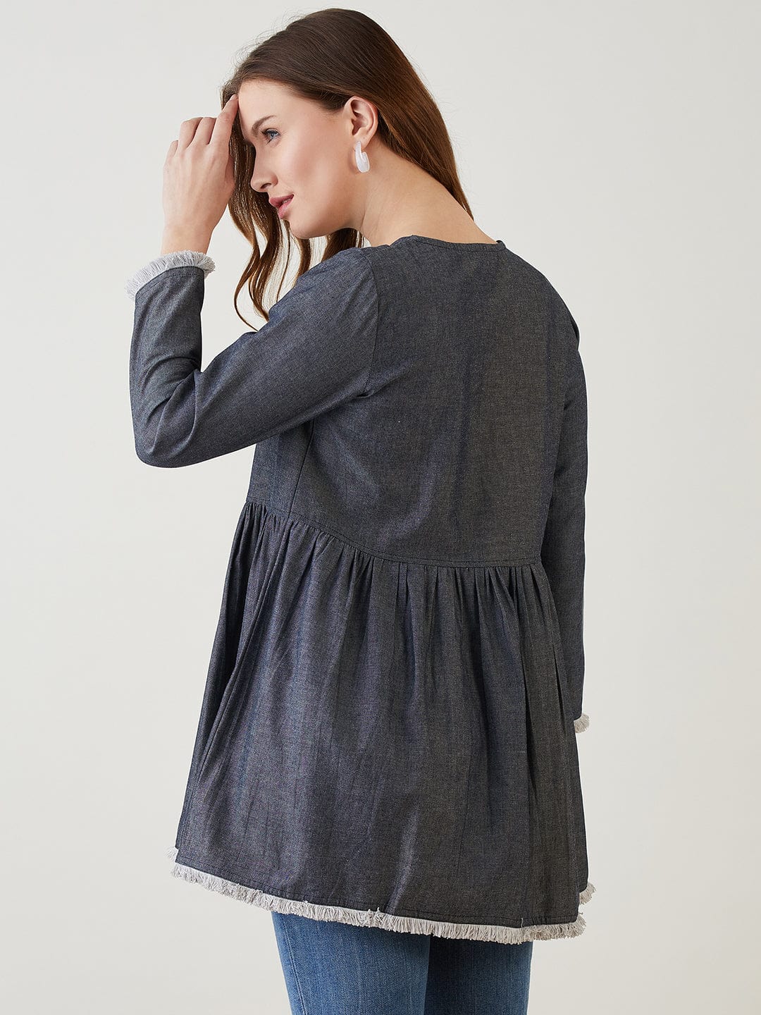 The Kaftan Company Tops Navy Blue Button Down Denim Top