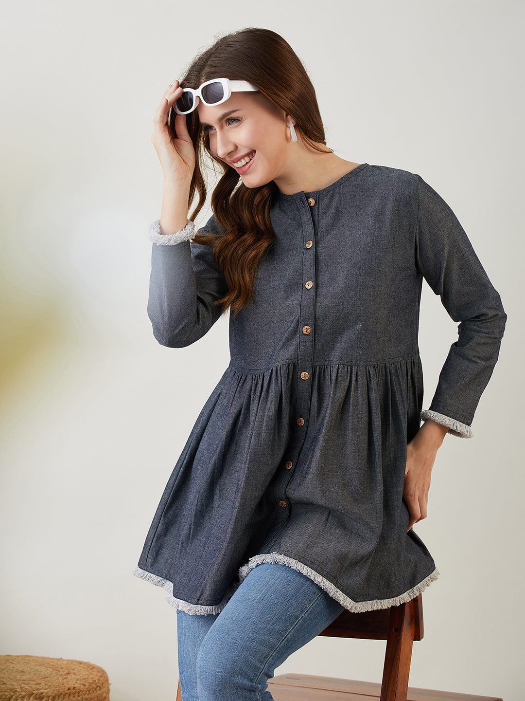 The Kaftan Company Tops Navy Blue Button Down Denim Top