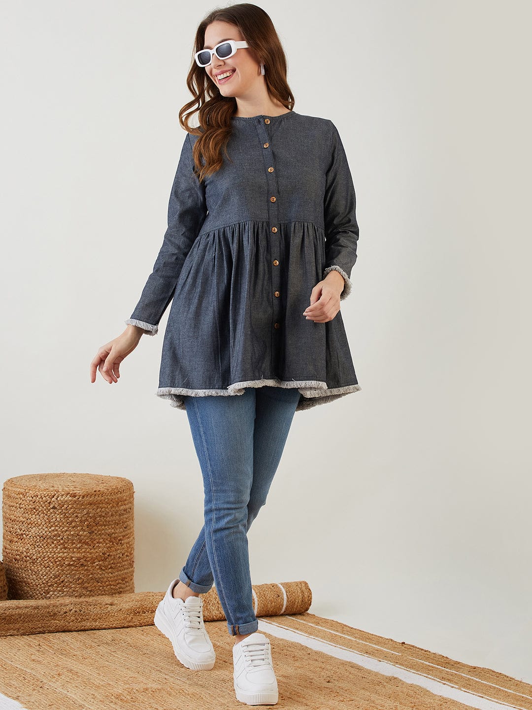 The Kaftan Company Tops Navy Blue Button Down Denim Top