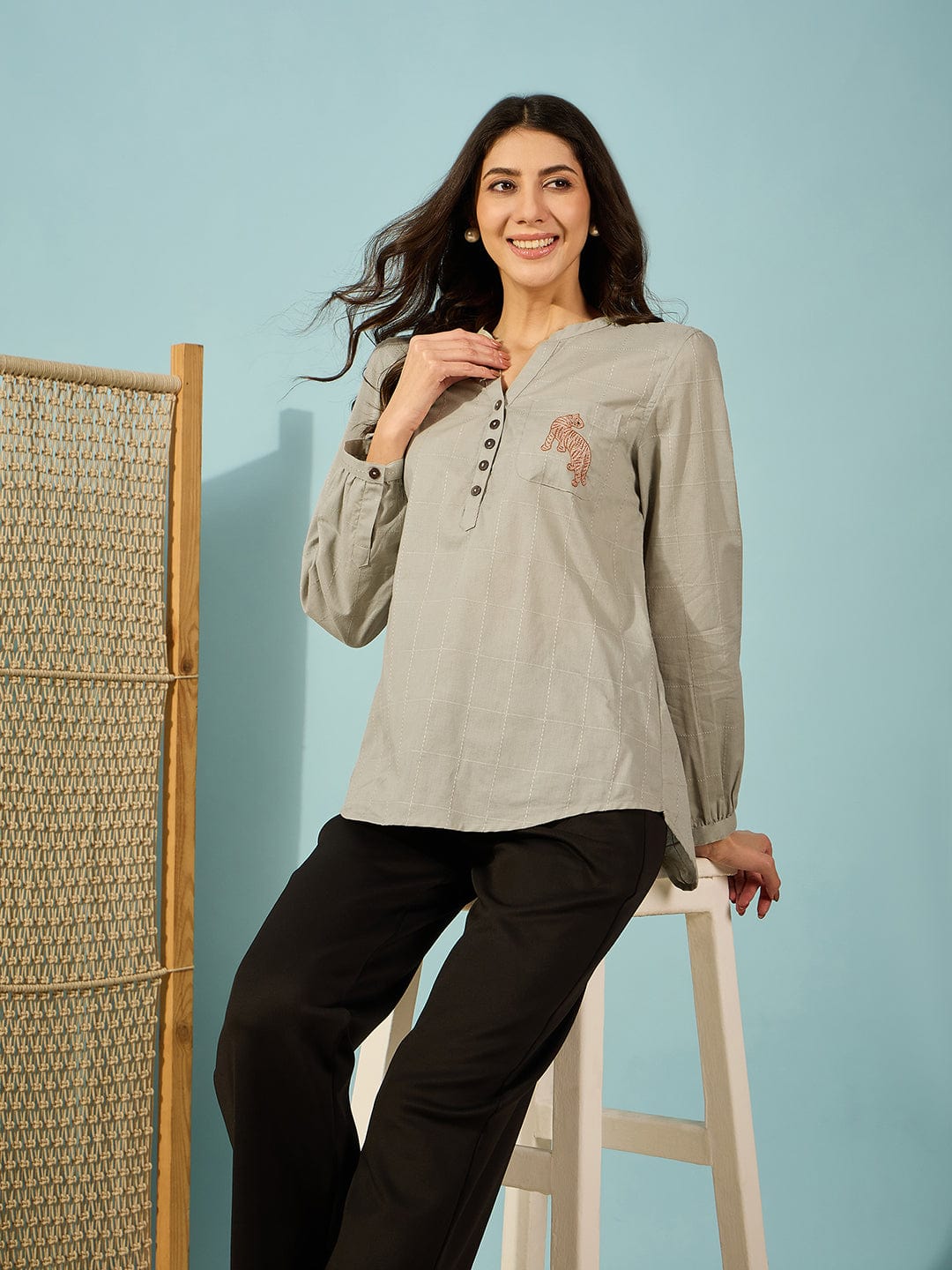 The Kaftan Company Tops Olive Green Cotton Shirt with Tiger Embroidery