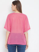 The Kaftan Company Tops One Size Pink Solid Georgette Kaftan Top with Hand Embroidery and Lace Trim