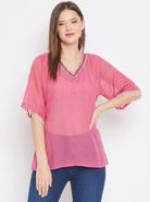 The Kaftan Company Tops One Size Pink Solid Georgette Kaftan Top with Hand Embroidery and Lace Trim