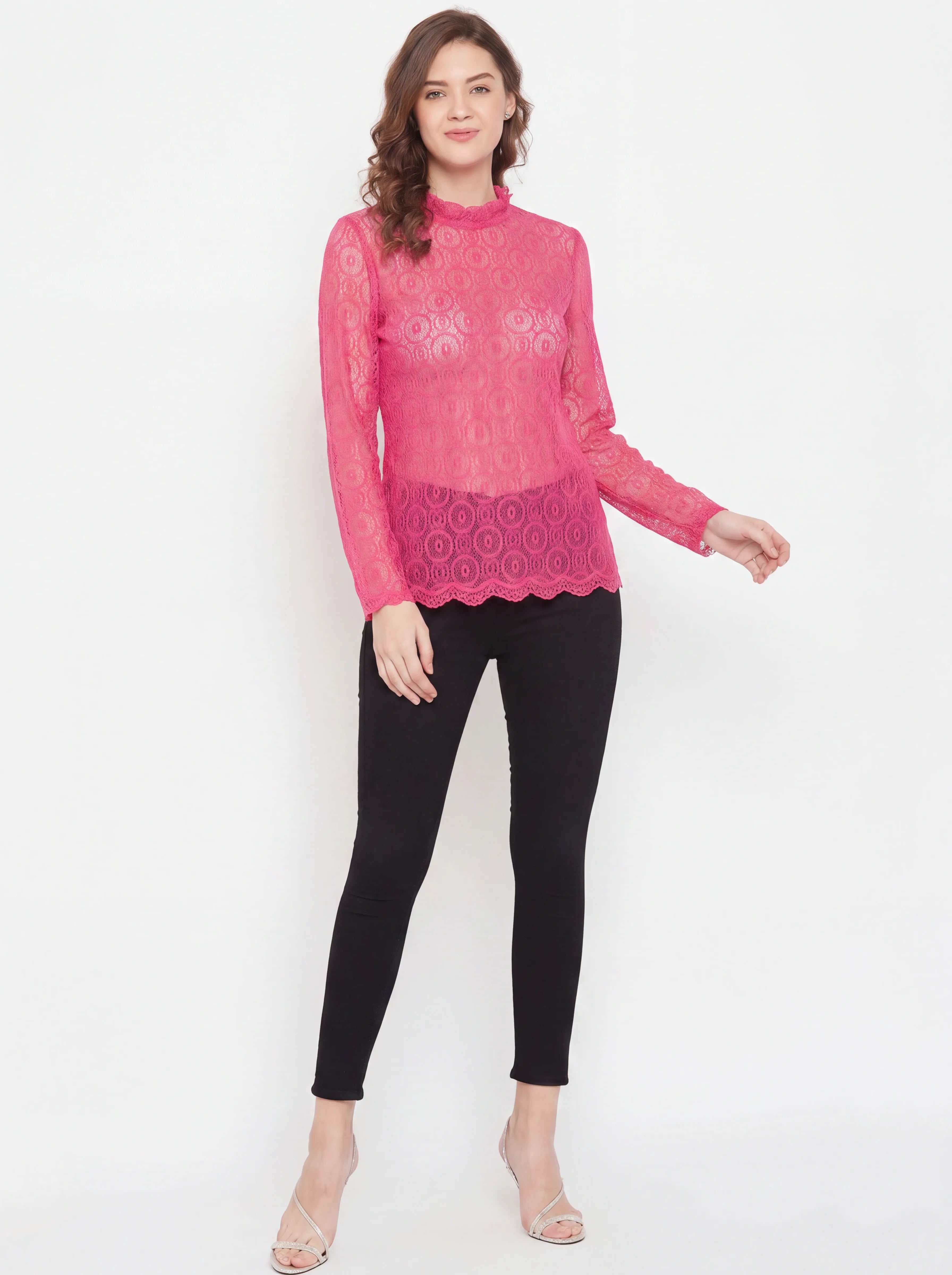 The Kaftan Company Tops Pink Circular Lace Top with Ruffle Neck and Cuffs