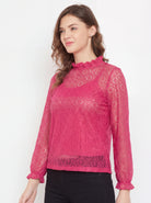 The Kaftan Company Tops Pink Circular Lace Top with Ruffle Neck and Cuffs