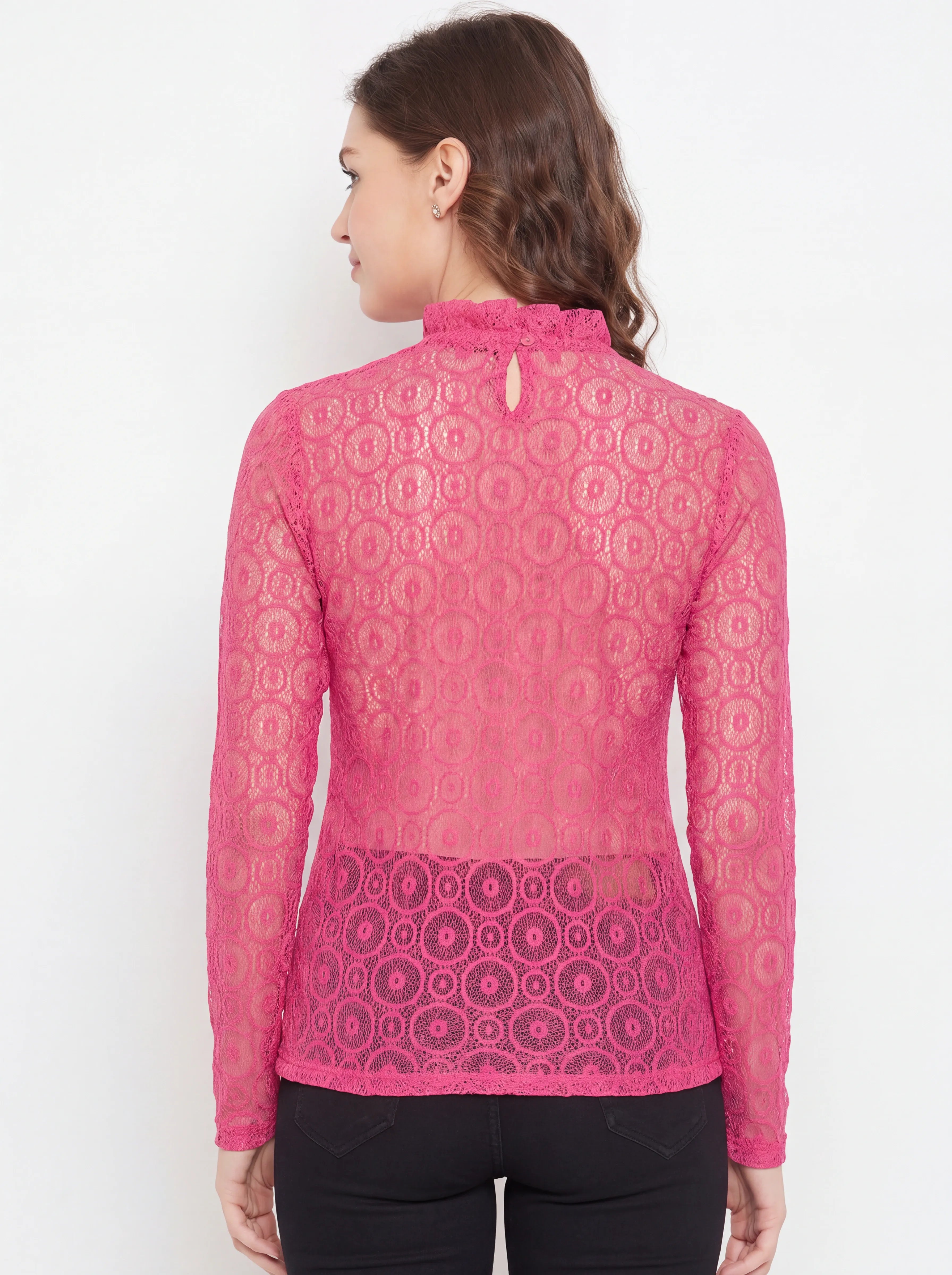 The Kaftan Company Tops Pink Circular Lace Top with Ruffle Neck and Cuffs