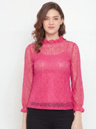 The Kaftan Company Tops Pink Circular Lace Top with Ruffle Neck and Cuffs