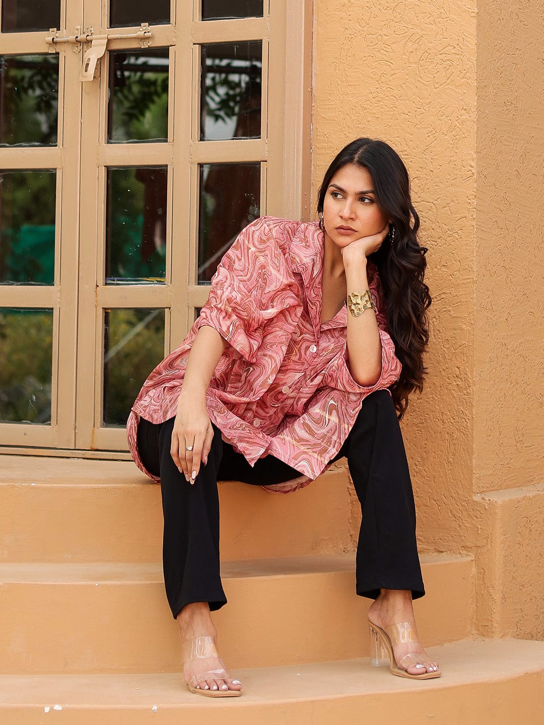 The Kaftan Company Tops Pink Marble Print Oversized Polyester Top