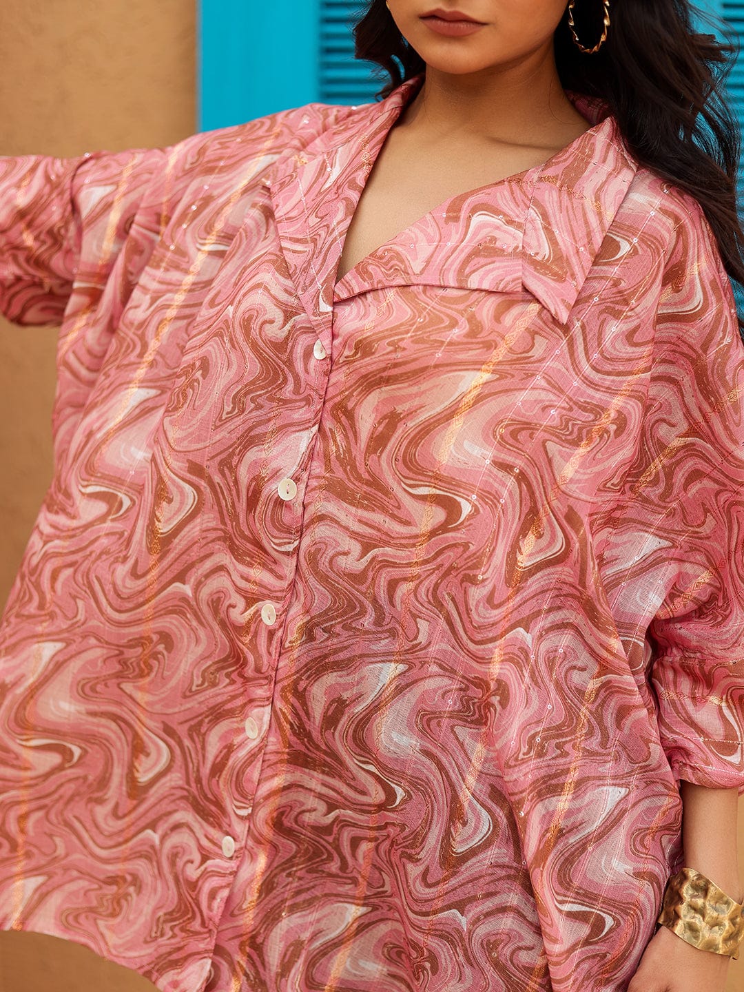 The Kaftan Company Tops Pink Marble Print Oversized Polyester Top
