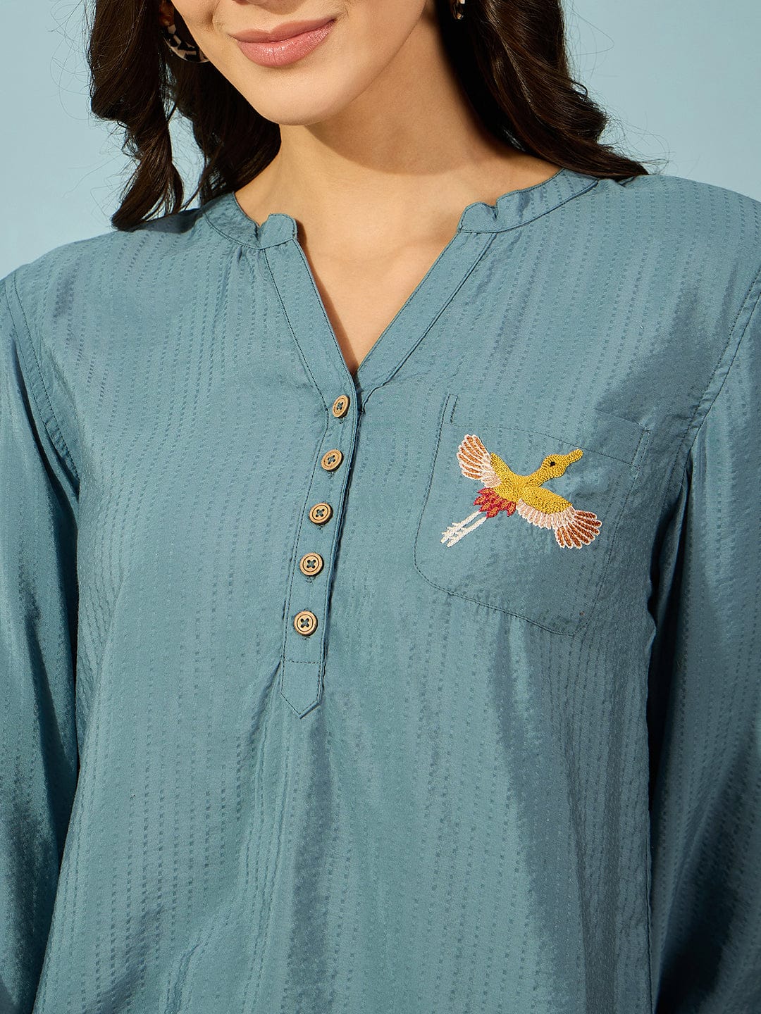 The Kaftan Company Tops S Blue Modal Top with Bird Embroidery