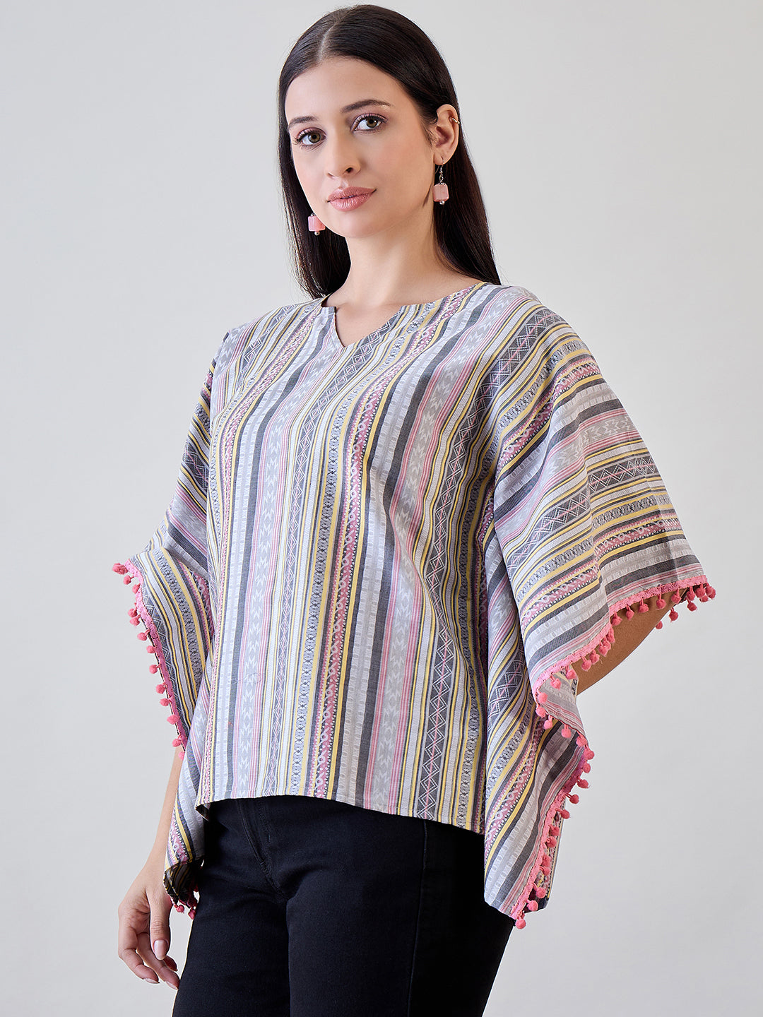The Kaftan Company Tops Striped Cotton Crop Top Kaftan with Pompom Tassels