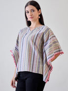The Kaftan Company Tops Striped Cotton Crop Top Kaftan with Pompom Tassels