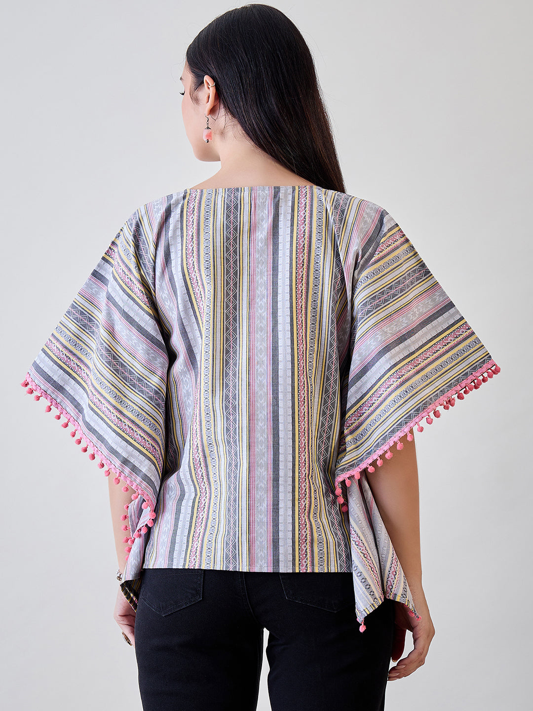 The Kaftan Company Tops Striped Cotton Crop Top Kaftan with Pompom Tassels