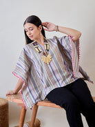 The Kaftan Company Tops Striped Cotton Crop Top Kaftan with Pompom Tassels