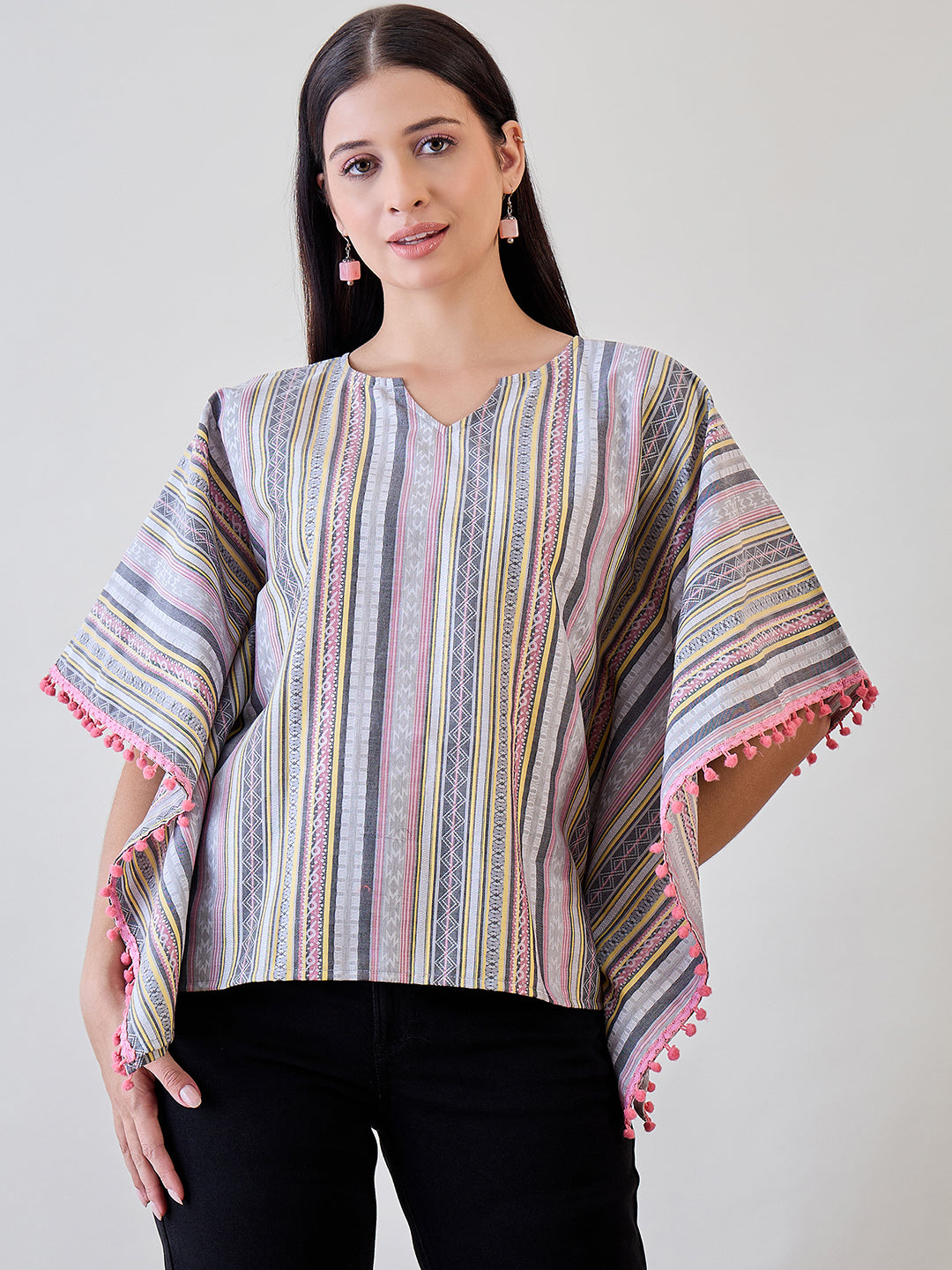 The Kaftan Company Tops Striped Cotton Crop Top Kaftan with Pompom Tassels