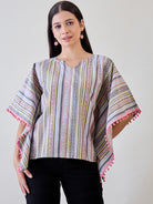 The Kaftan Company Tops Striped Cotton Crop Top Kaftan with Pompom Tassels