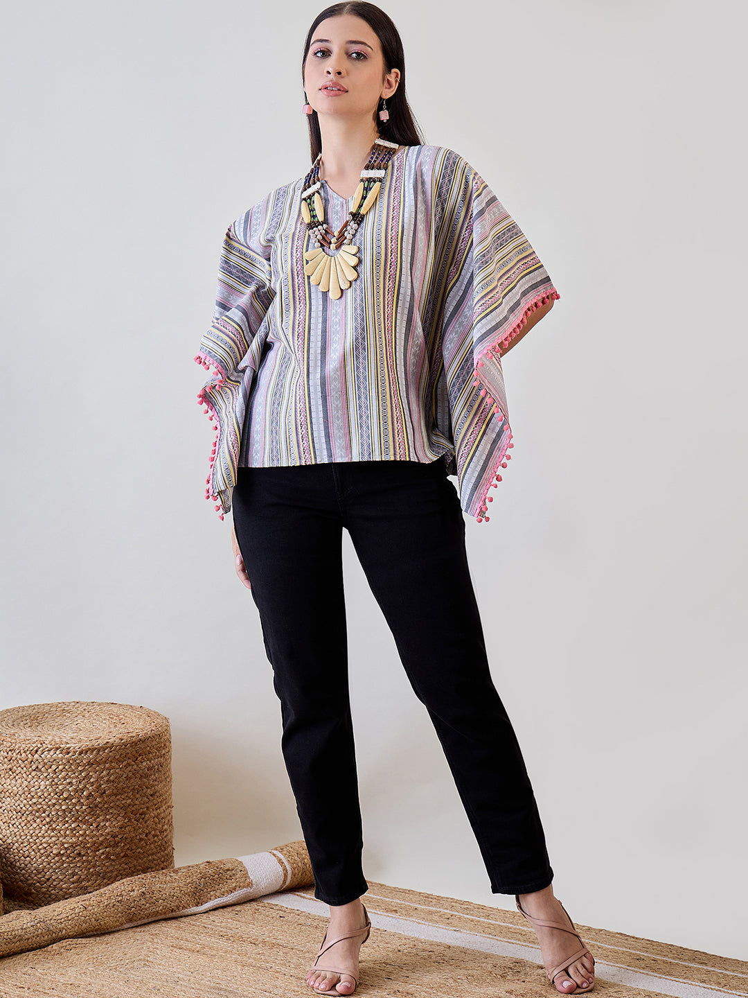 The Kaftan Company Tops Striped Cotton Pink / S Striped Cotton Crop Top Kaftan with Pompom Tassels