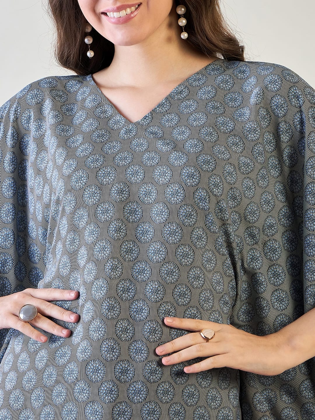 The Kaftan Company Tops Stylish Blue Printed Crepe Kaftan Top with Tassel Details