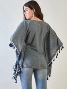The Kaftan Company Tops Stylish Blue Printed Crepe Kaftan Top with Tassel Details