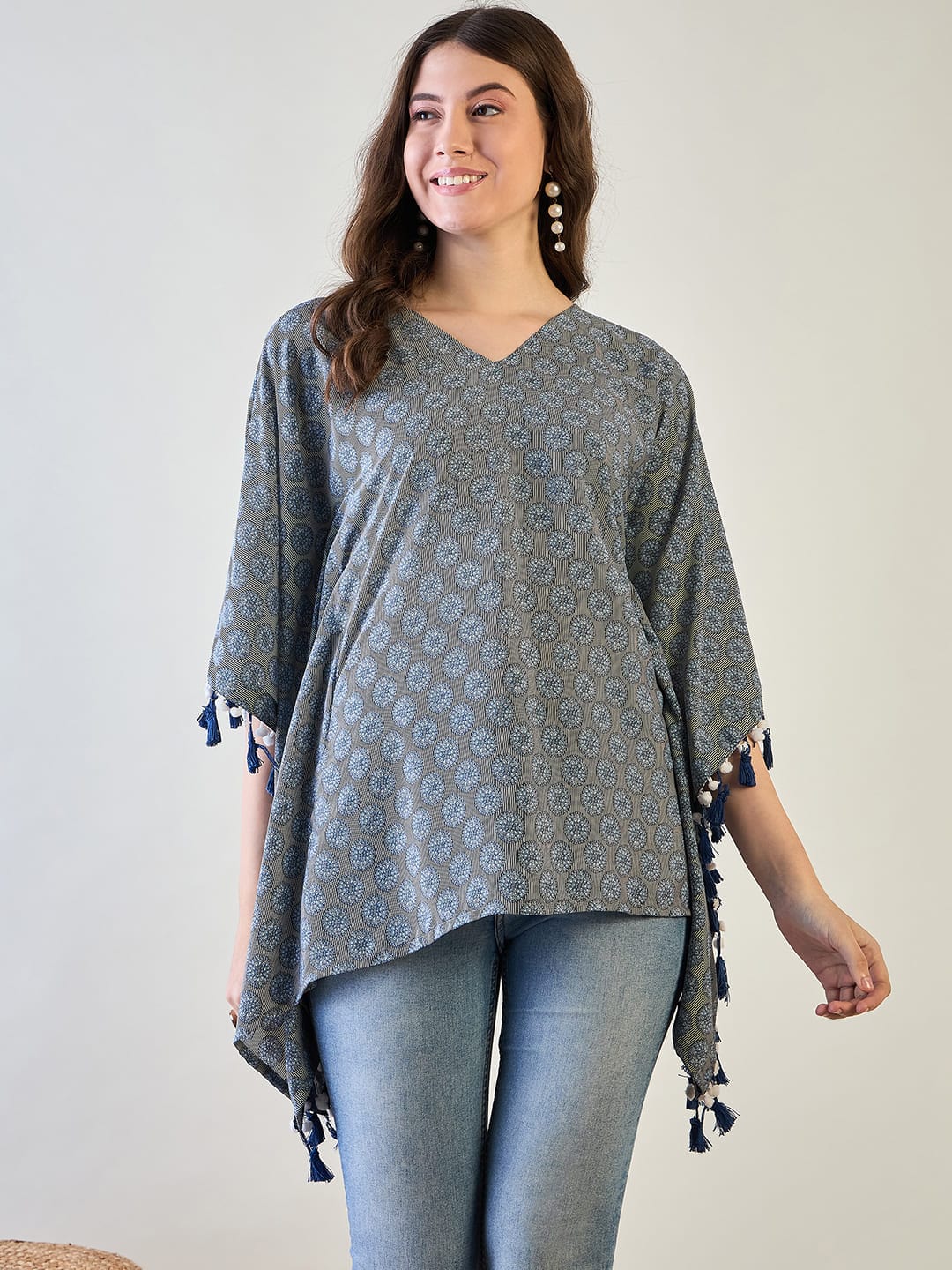 The Kaftan Company Tops Stylish Blue Printed Crepe Kaftan Top with Tassel Details