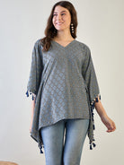 The Kaftan Company Tops Stylish Blue Printed Crepe Kaftan Top with Tassel Details