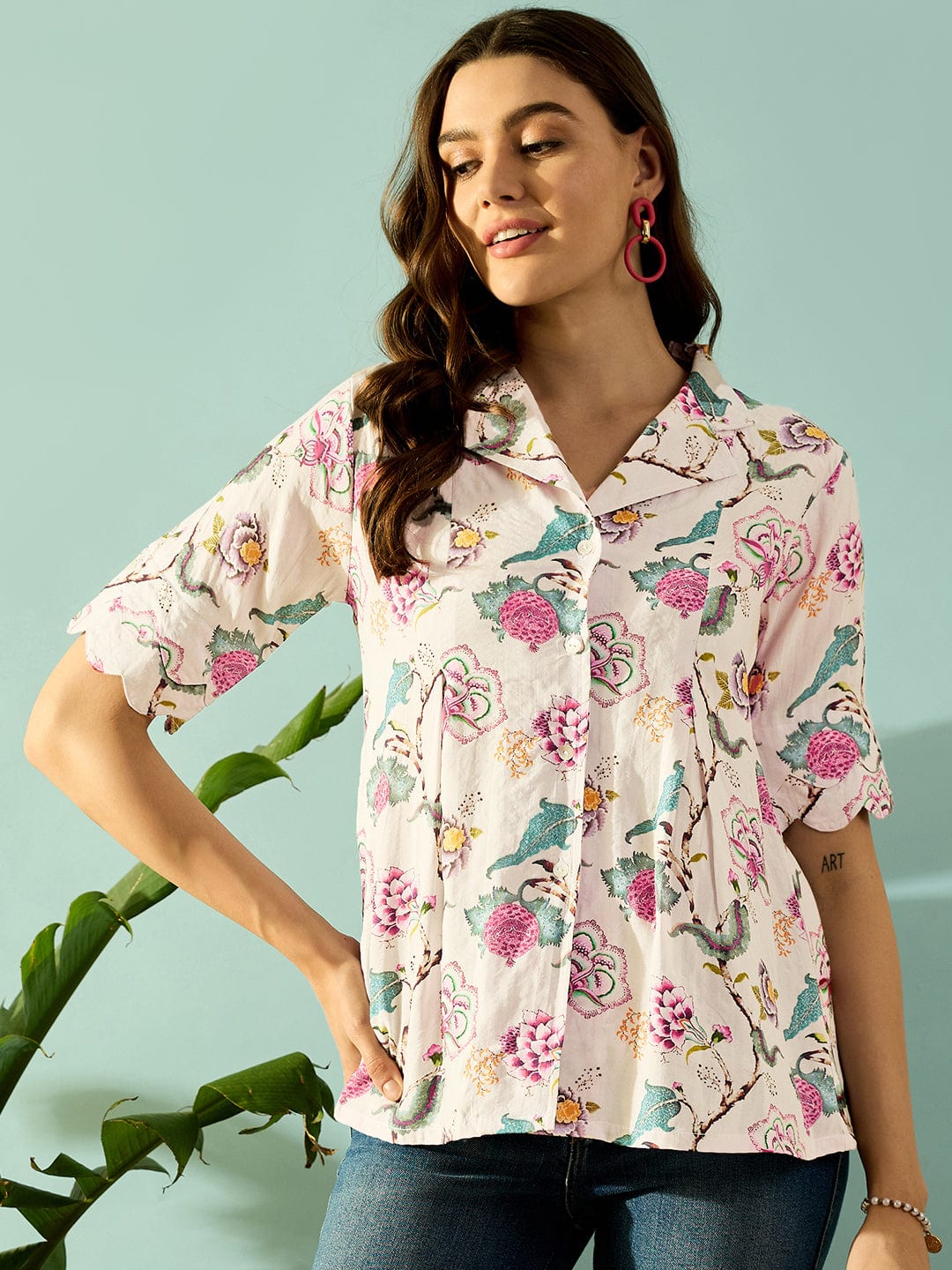 Vintage Scallop Floral Button Down Shirt S