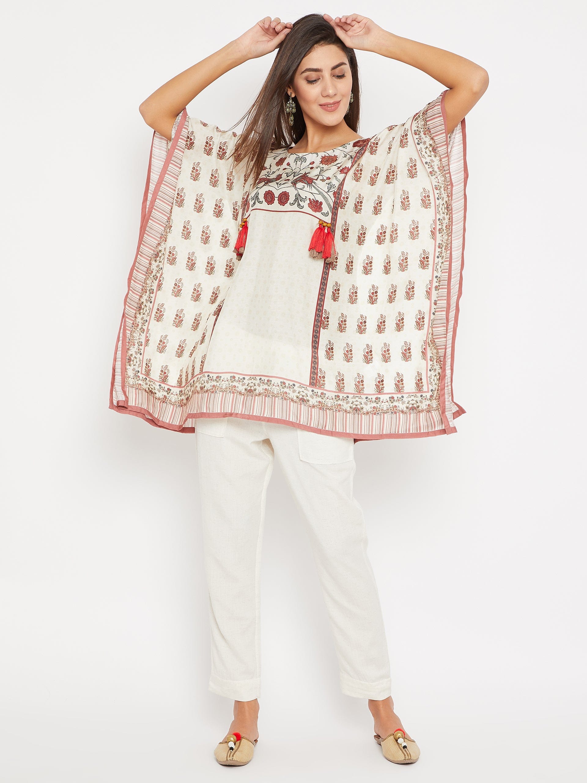 The Kaftan Company Tops XL / White / Cotton Satin White And Pink floral Dream Printed Kaftan Top