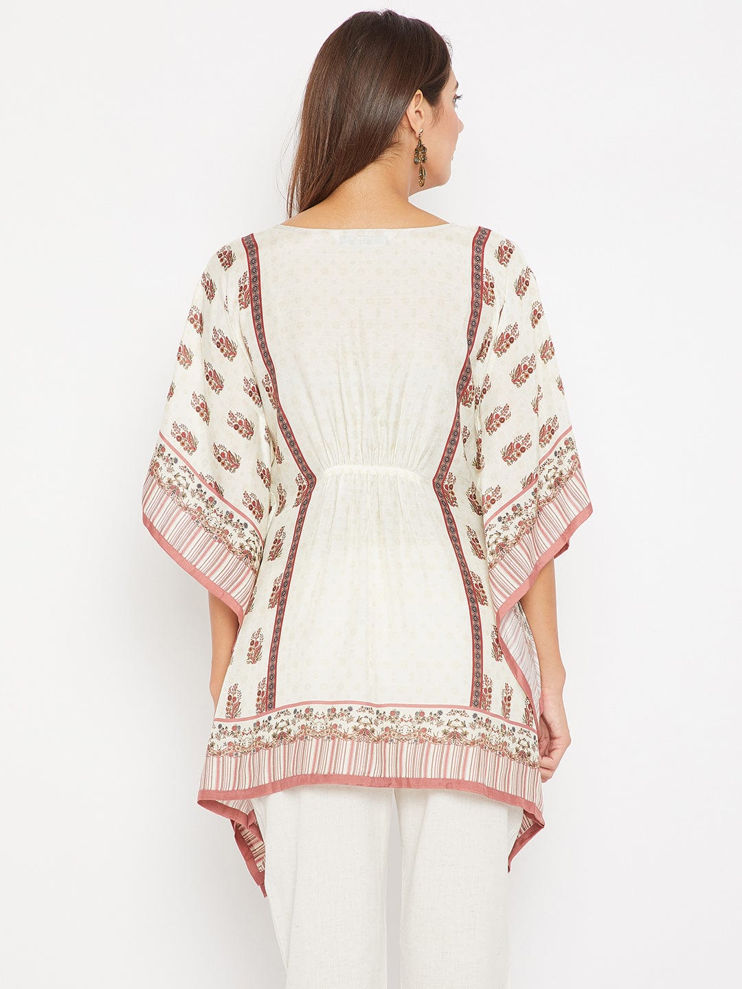 The Kaftan Company Tops XL / White / Cotton Satin White And Pink floral Dream Printed Kaftan Top
