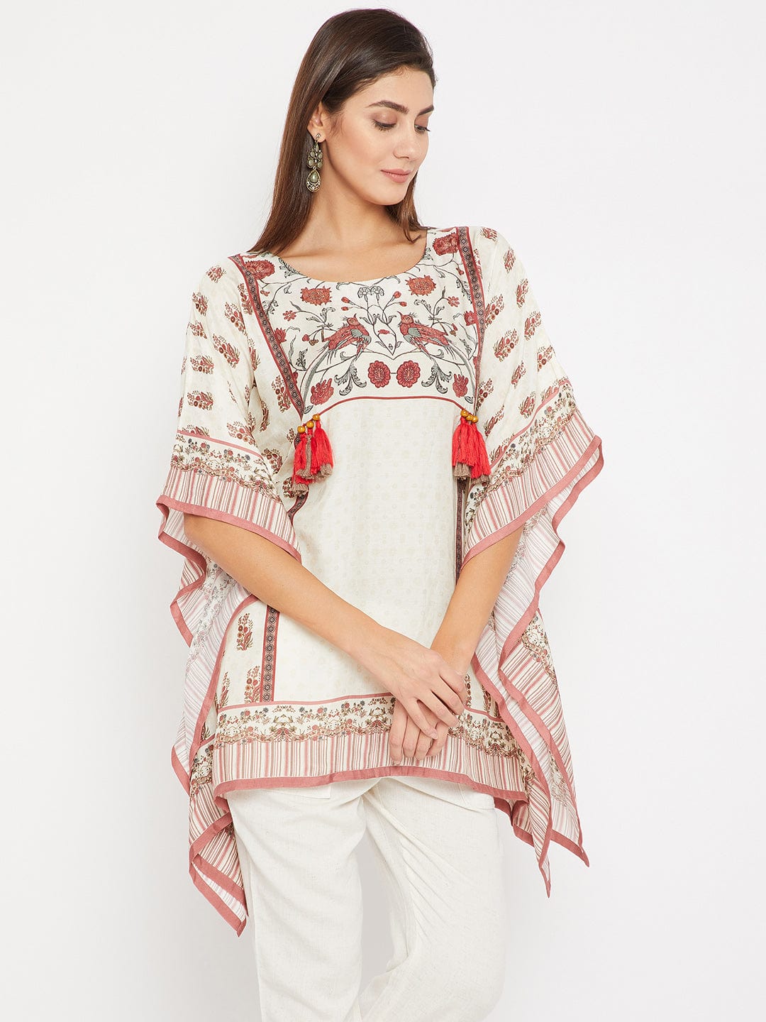 The Kaftan Company Tops XL / White / Cotton Satin White And Pink floral Dream Printed Kaftan Top