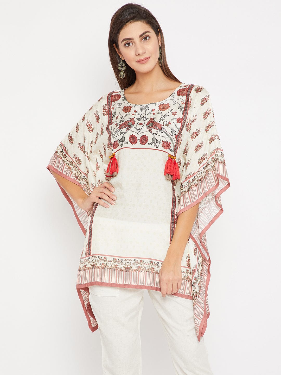 The Kaftan Company Tops XL / White / Cotton Satin White And Pink floral Dream Printed Kaftan Top