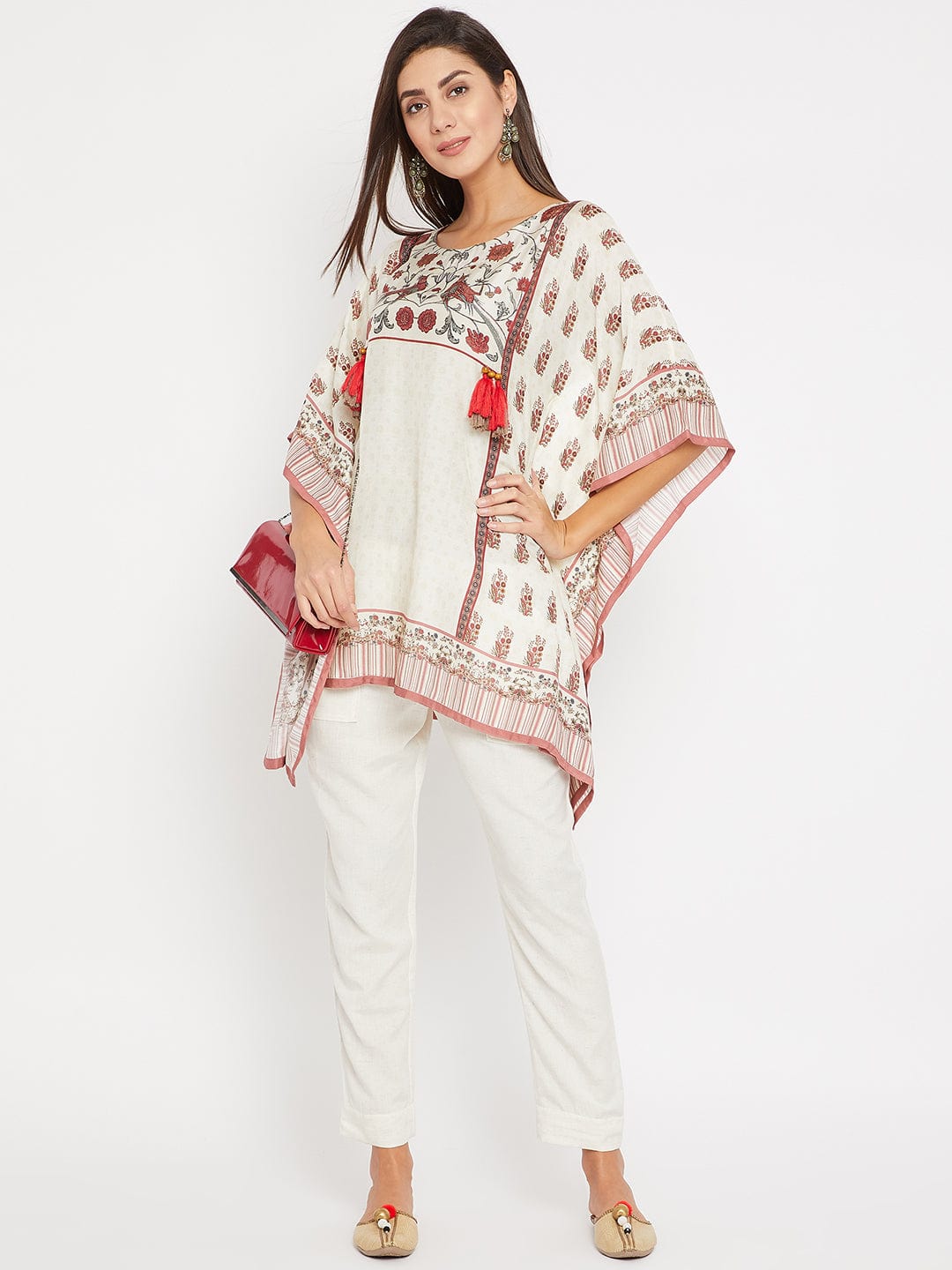 The Kaftan Company Tops XL / White / Cotton Satin White And Pink floral Dream Printed Kaftan Top